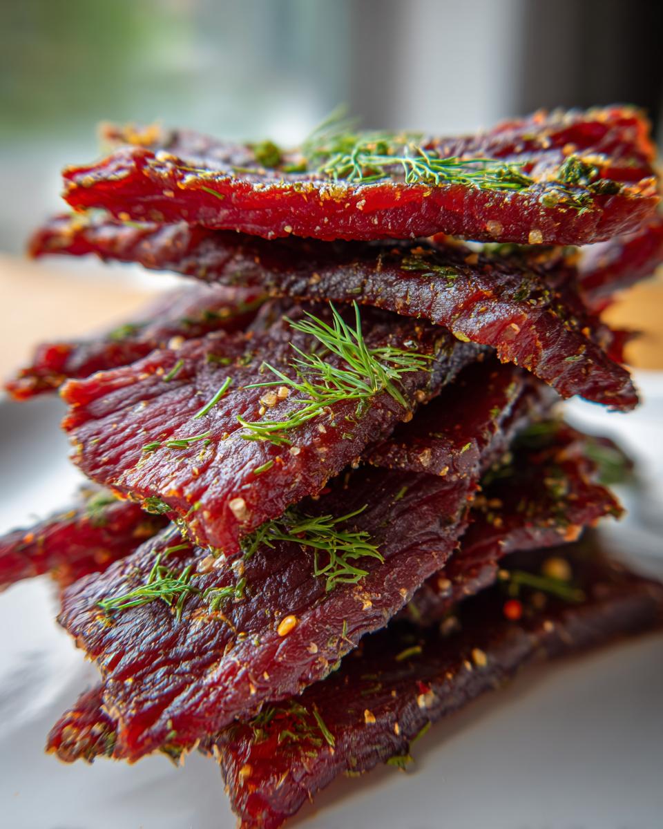 A tall stack of homemade Dill Pickle Beef Jerky, seasoned with dill and spices.