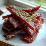A close-up of a stack of homemade Dill Pickle Beef Jerky, seasoned with herbs.