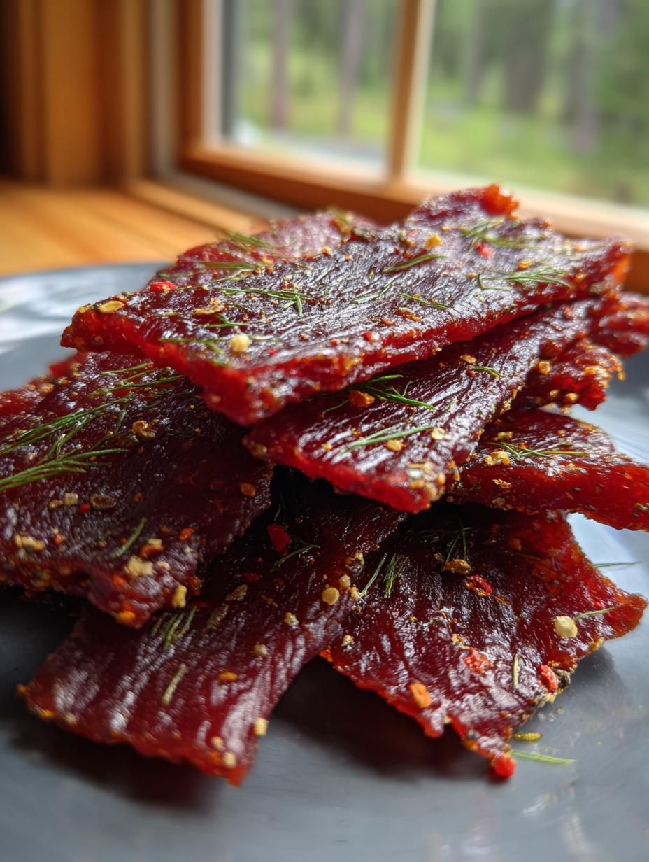 A close-up stack of homemade Dill Pickle Beef Jerky, seasoned with dill and spices.