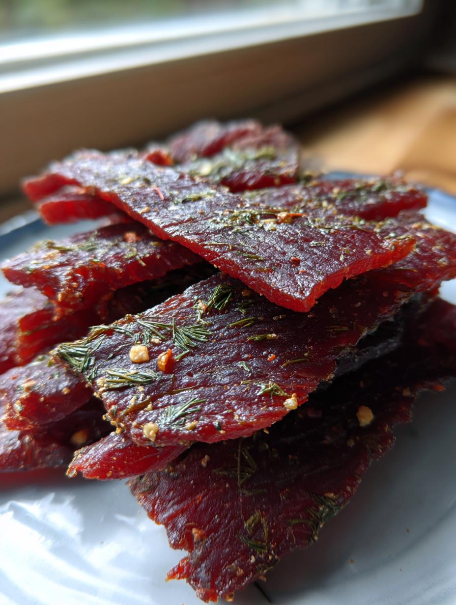 A close-up stack of homemade Dill Pickle Beef Jerky, seasoned with dill and spices.