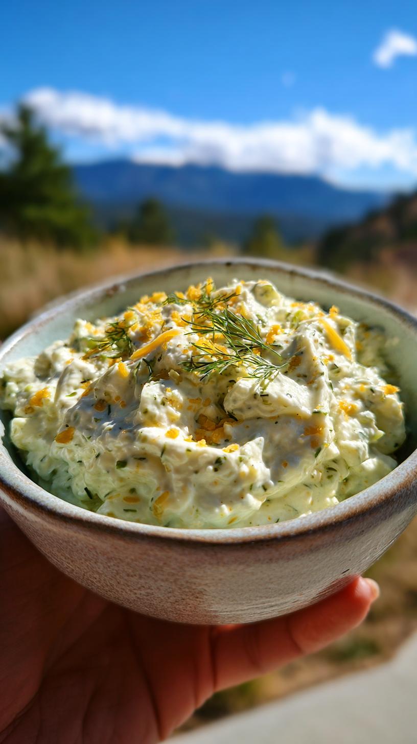 A bowl of creamy Dill Pickle Dip topped with shredded cheese and fresh dill, held outdoors.