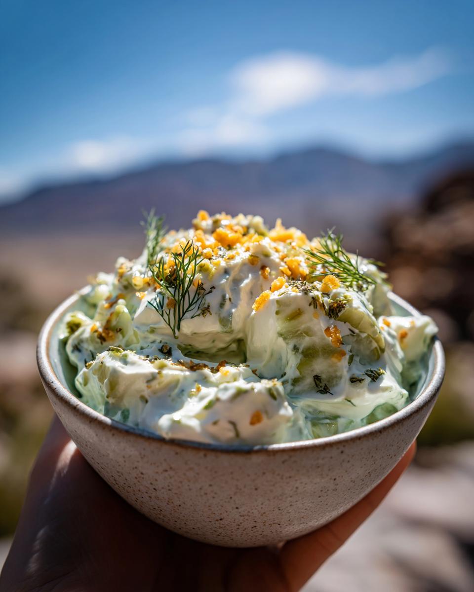 A bowl of creamy Dill Pickle Dip topped with fresh dill and crispy bits.