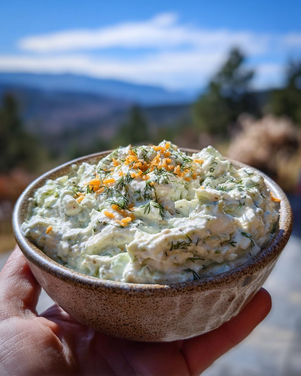 A close-up of a bowl filled with creamy Dill Pickle Dip, garnished with fresh dill and shredded cheese.