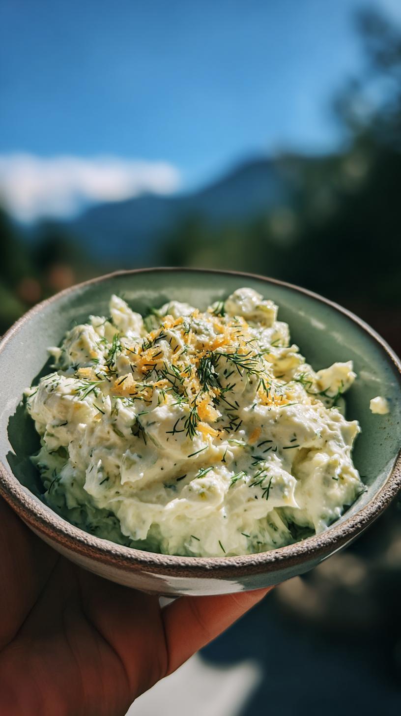 A bowl of creamy Dill Pickle Dip recipe topped with fresh dill and shredded cheese.