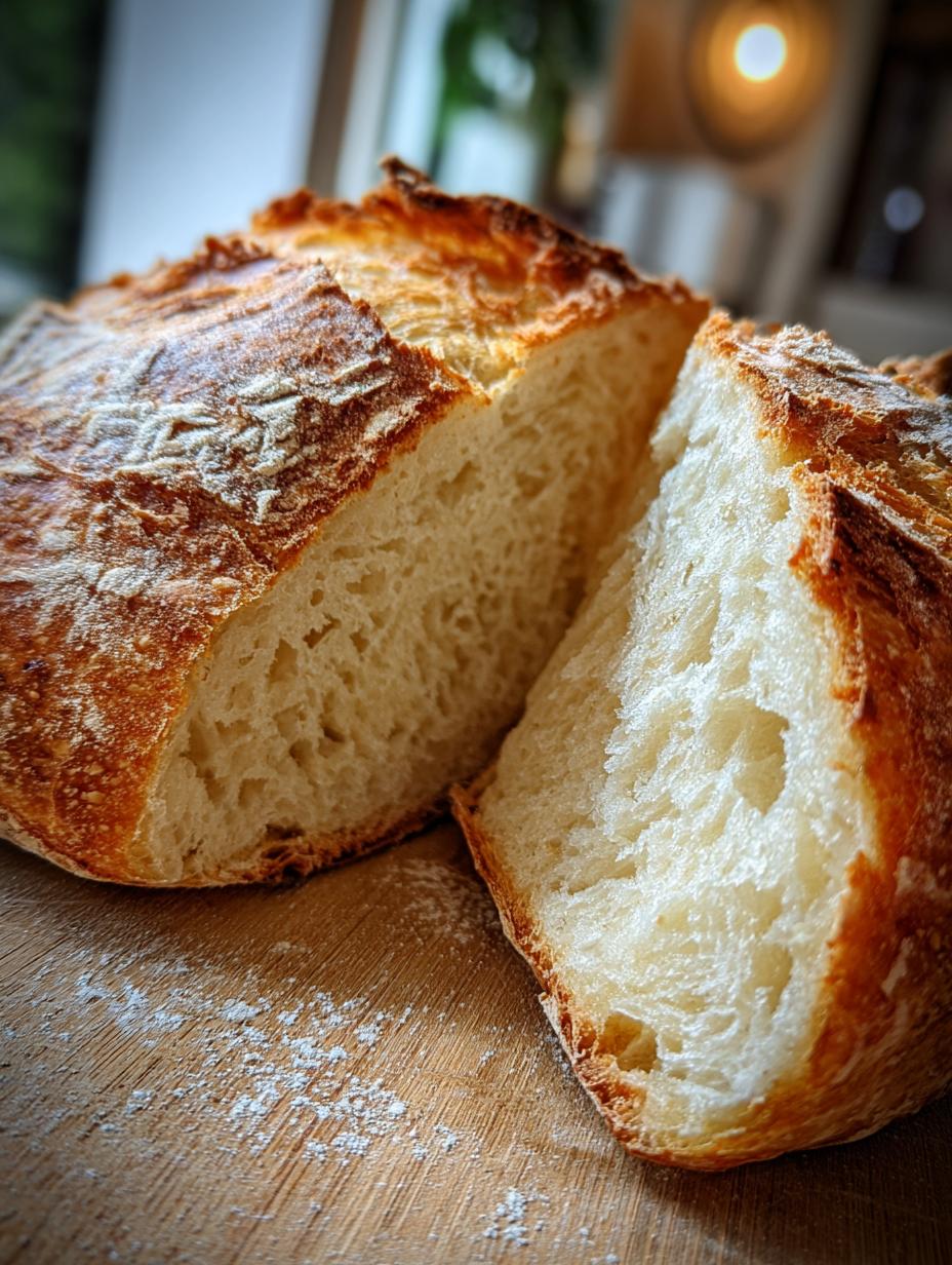 A close-up of a freshly baked Dutch Oven No Knead Crusty Bread, sliced in half to reveal its airy interior.