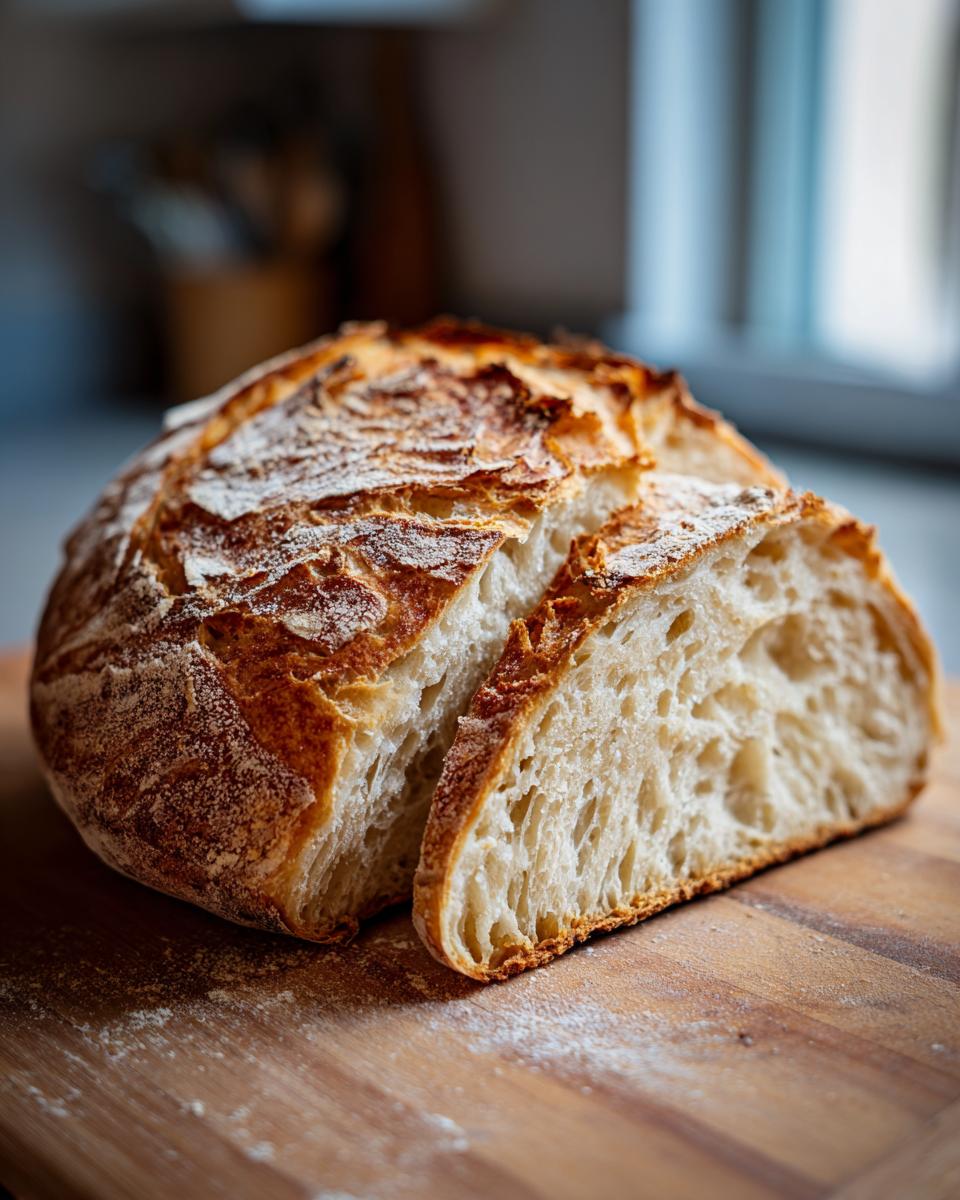 A close-up of a freshly baked Dutch Oven No Knead Crusty Bread, sliced to reveal its airy crumb and golden crust.