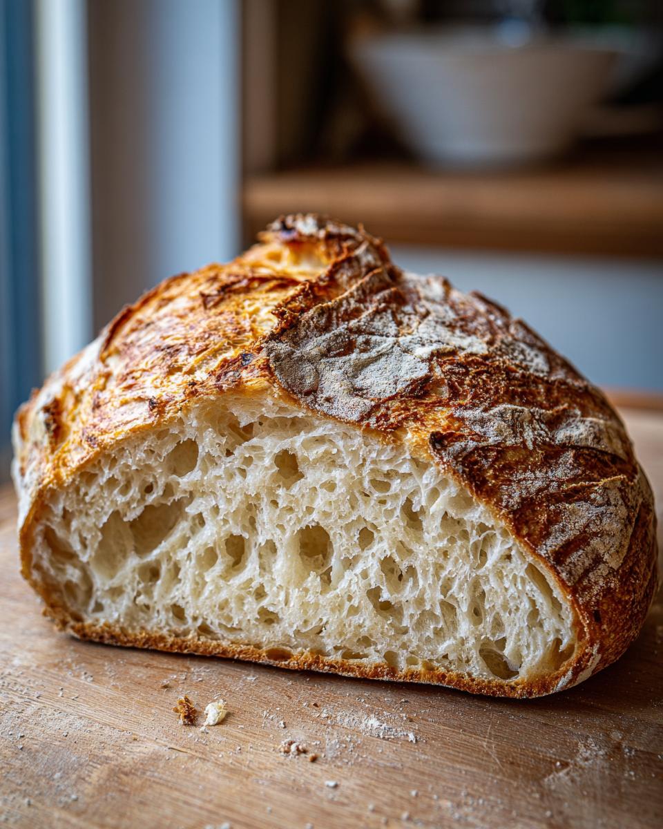 A close-up of a sliced Dutch Oven No Knead Crusty Bread, showcasing its airy crumb and golden crust.
