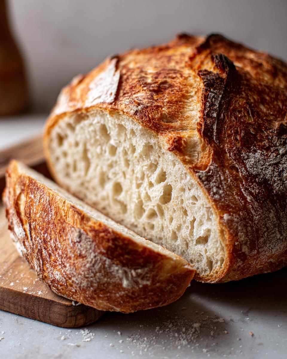 A close-up of a slice of Dutch Oven No Knead Crusty Bread, showcasing its airy crumb and golden crust.
