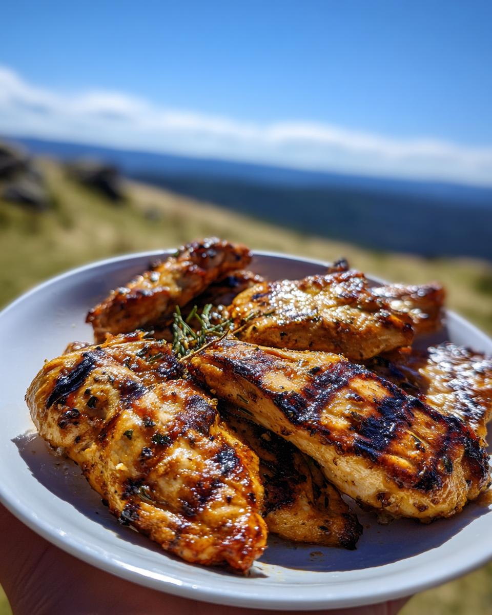 A plate of juicy grilled chicken breasts prepared with an easy chicken marinade, with a scenic outdoor background.