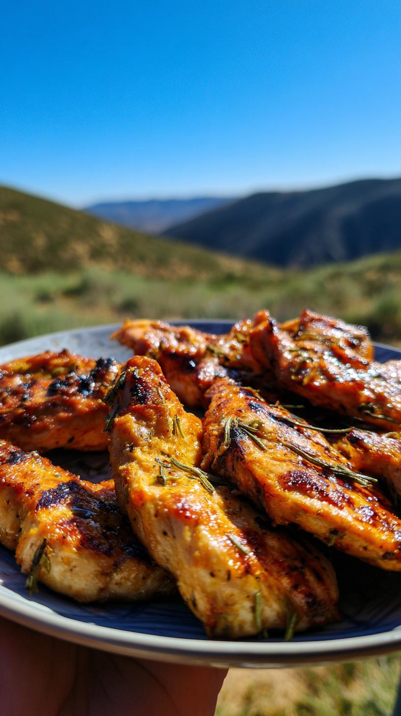 Close-up of juicy grilled chicken strips with herbs, prepared with an easy chicken marinade for grilling.