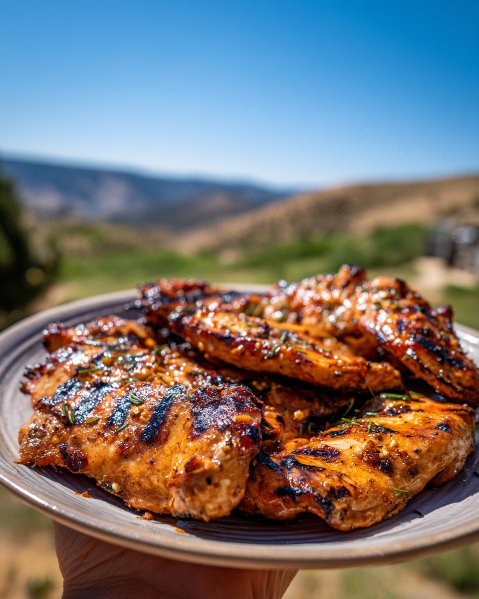A plate piled high with juicy grilled chicken breasts, coated in an easy chicken marinade, with grill marks visible.
