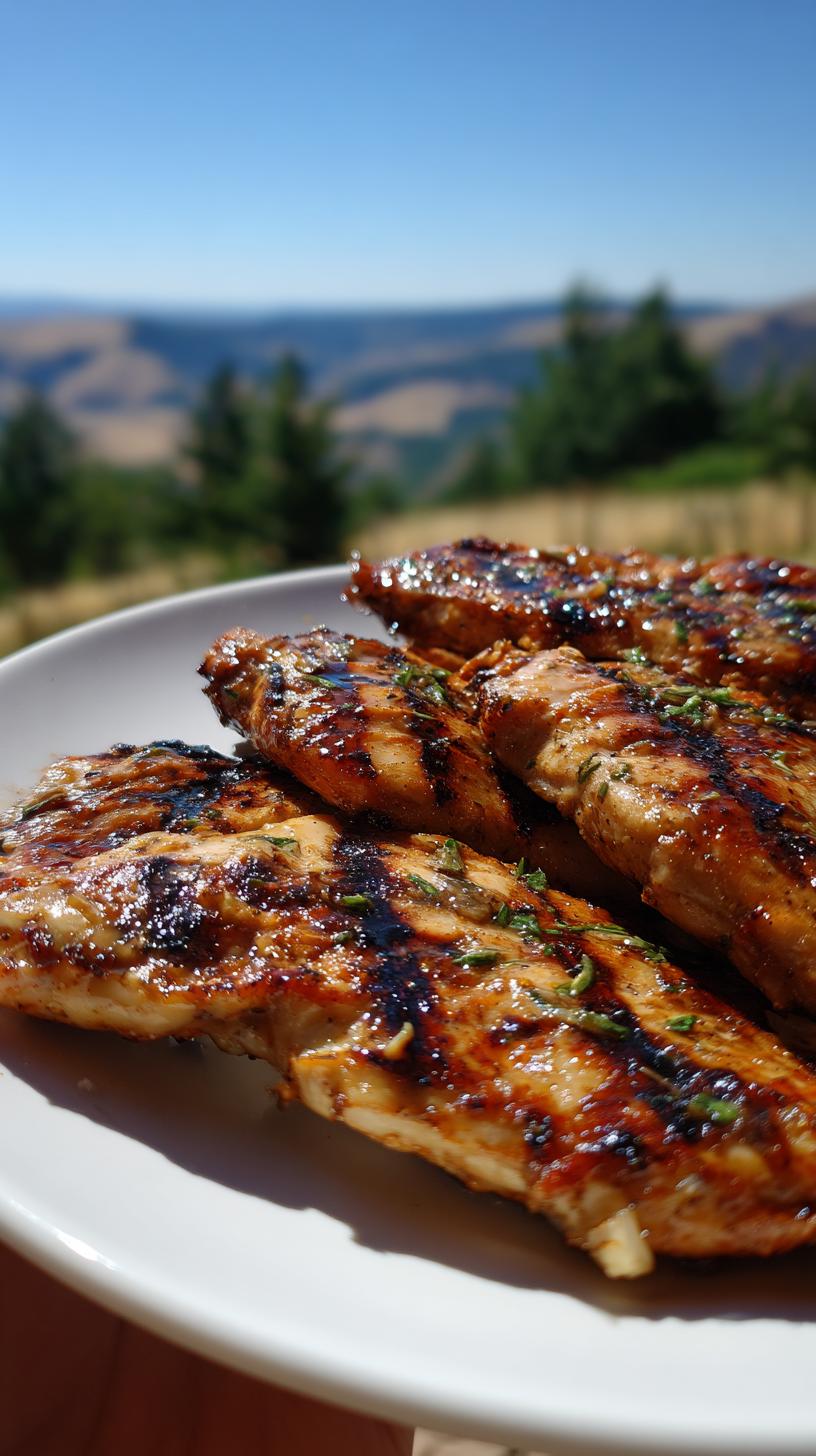 Close-up of juicy grilled chicken breasts, seasoned and garnished with herbs, on a white plate.
