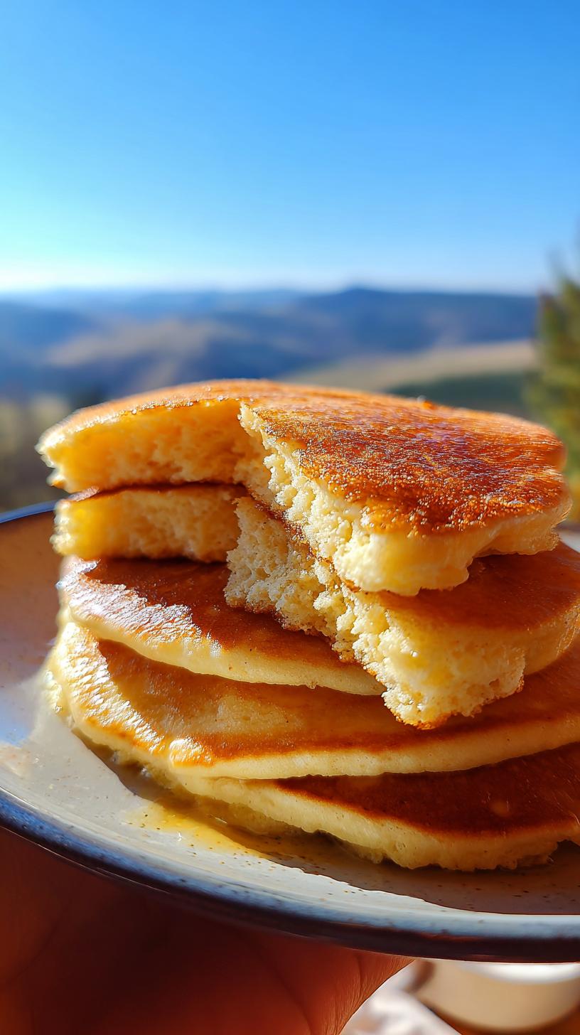 A close-up of a stack of fluffy Easy Cottage Cheese Pancakes, with one pancake broken to show the texture inside.