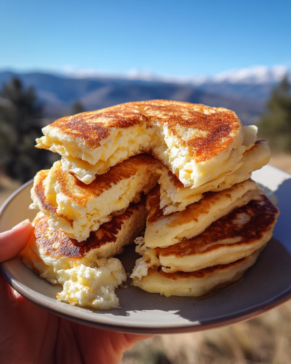 A close-up of a stack of fluffy Easy Cottage Cheese Pancakes, with a bite taken out, on a plate outdoors.