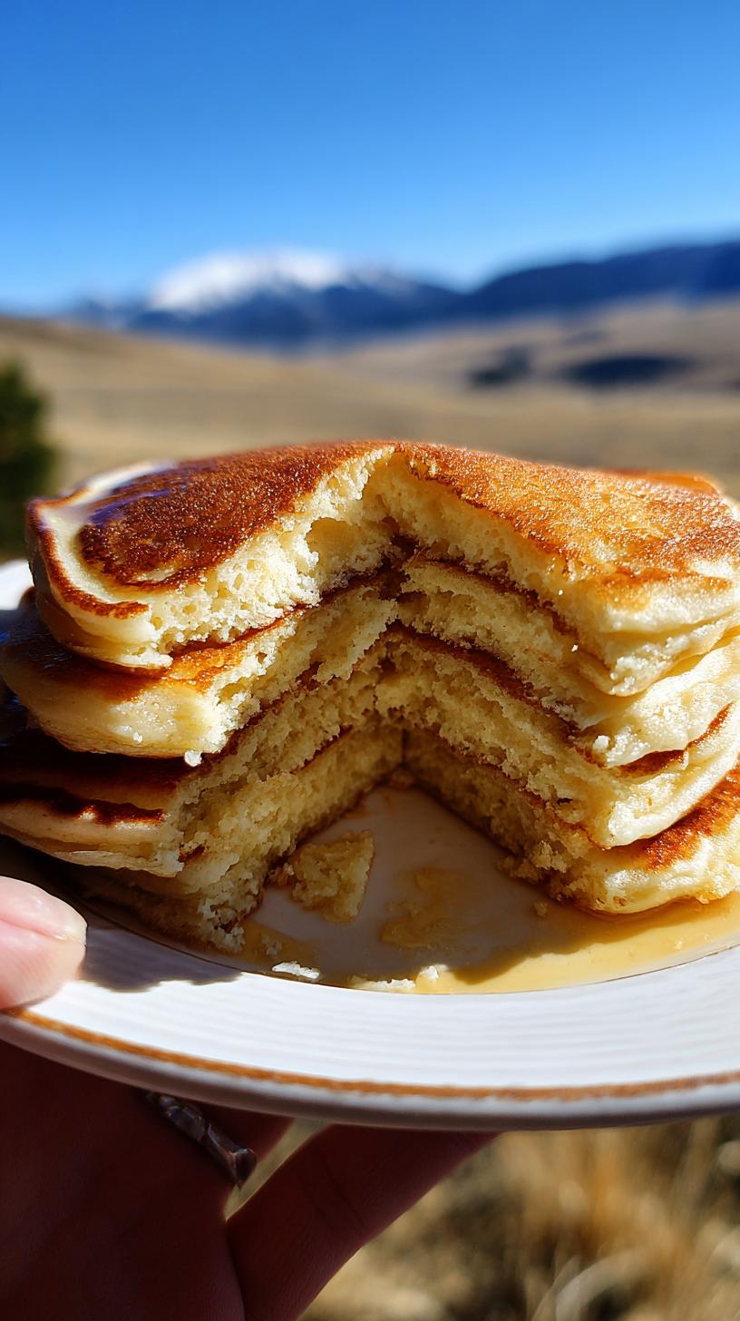 A close-up view of a stack of fluffy Easy Cottage Cheese Pancakes, with a bite taken out, drizzled with syrup.