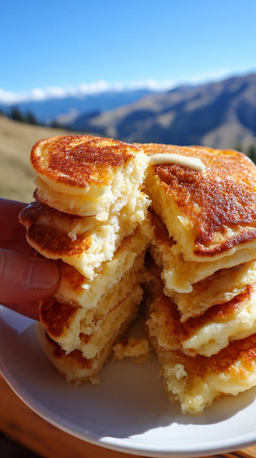 A stack of fluffy Easy Cottage Cheese Pancakes, with a pat of melting butter on top, held by a hand.