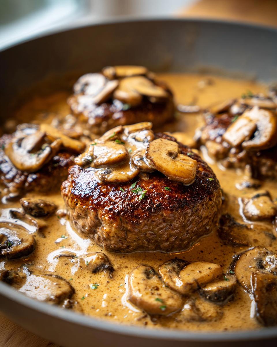 Close-up of Easy Homemade Salisbury Steak patties smothered in creamy mushroom gravy.
