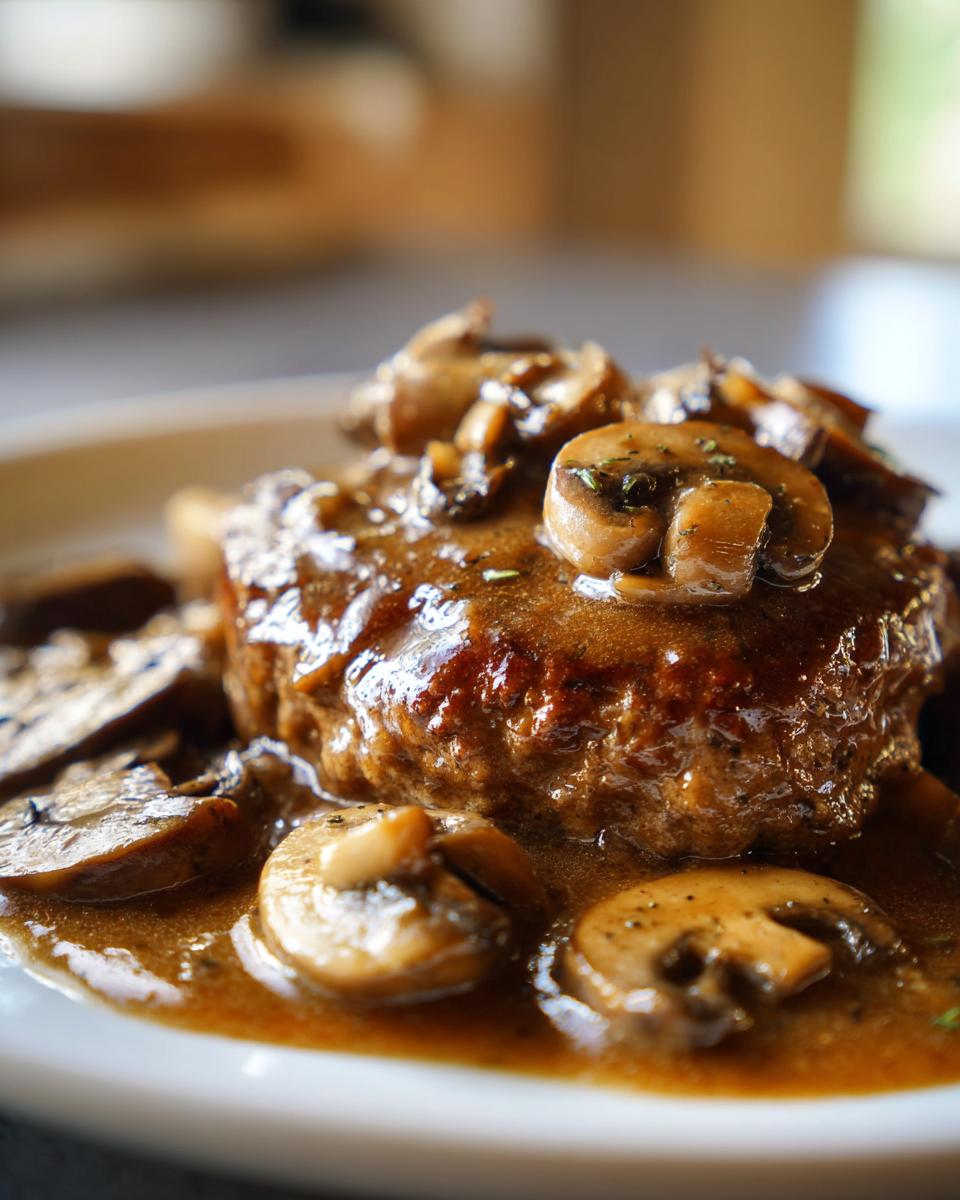 Close-up of a juicy Easy Homemade Salisbury Steak smothered in rich mushroom gravy.