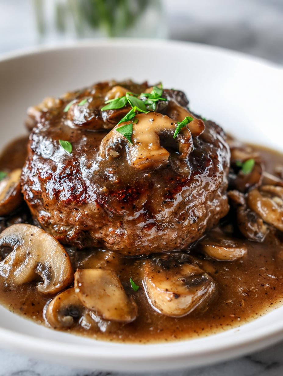 A close-up of Easy Homemade Salisbury Steak smothered in mushroom gravy and topped with fresh parsley.