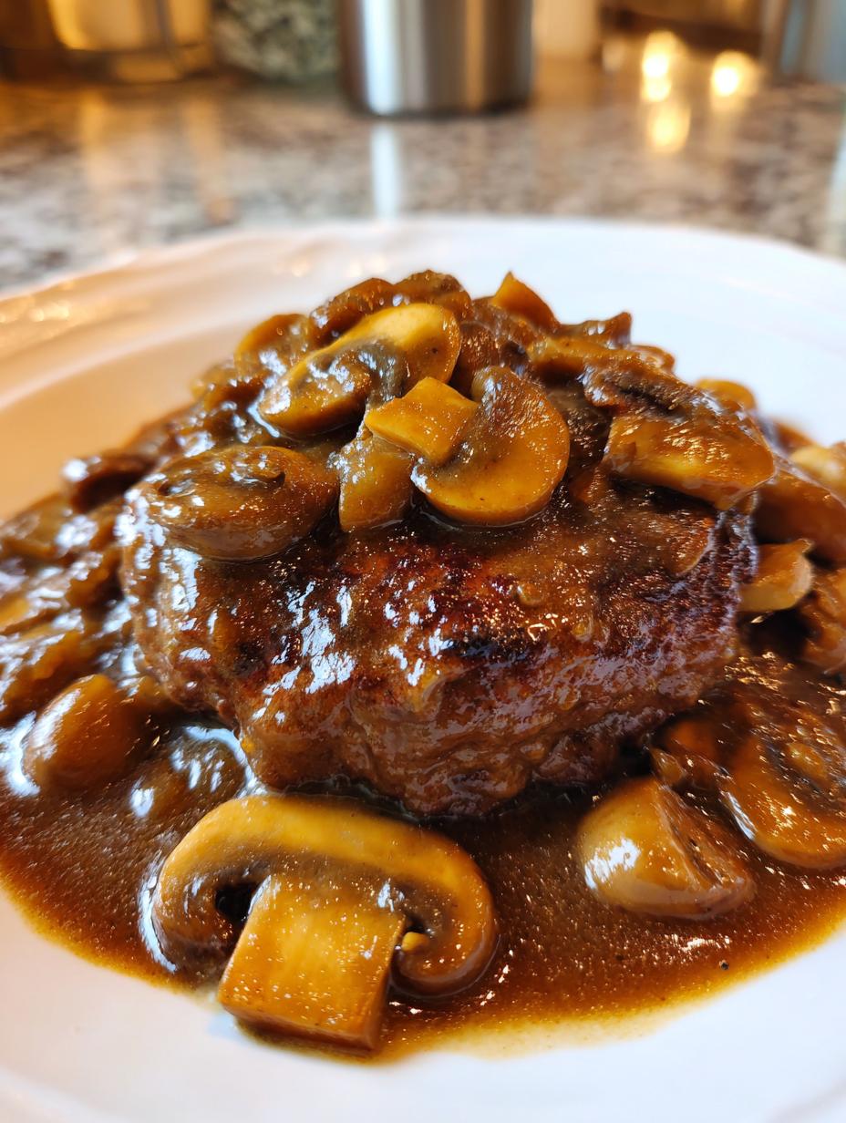 Close-up of a juicy Easy Homemade Salisbury Steak smothered in rich mushroom gravy.