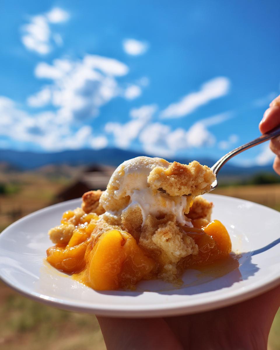 Easy Peach Cobbler with Fresh Peaches: 1 Simple Win 8 A spoonful of Easy Peach Cobbler with Fresh Peaches topped with melting vanilla ice cream, served on a white plate.