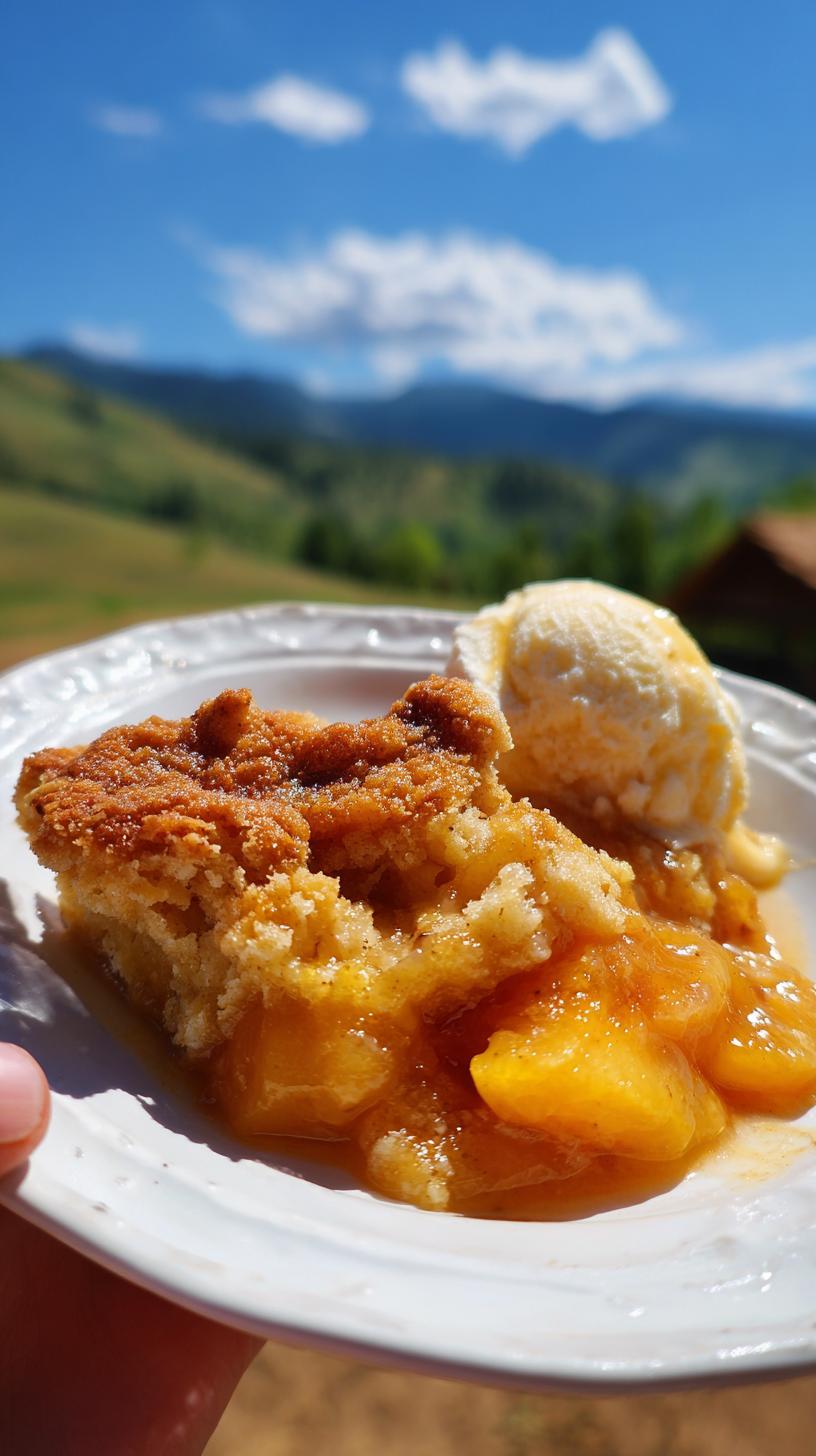 Easy Peach Cobbler with Fresh Peaches: 1 Simple Win 9 A slice of Easy Peach Cobbler with Fresh Peaches served with a scoop of vanilla ice cream on a white plate.