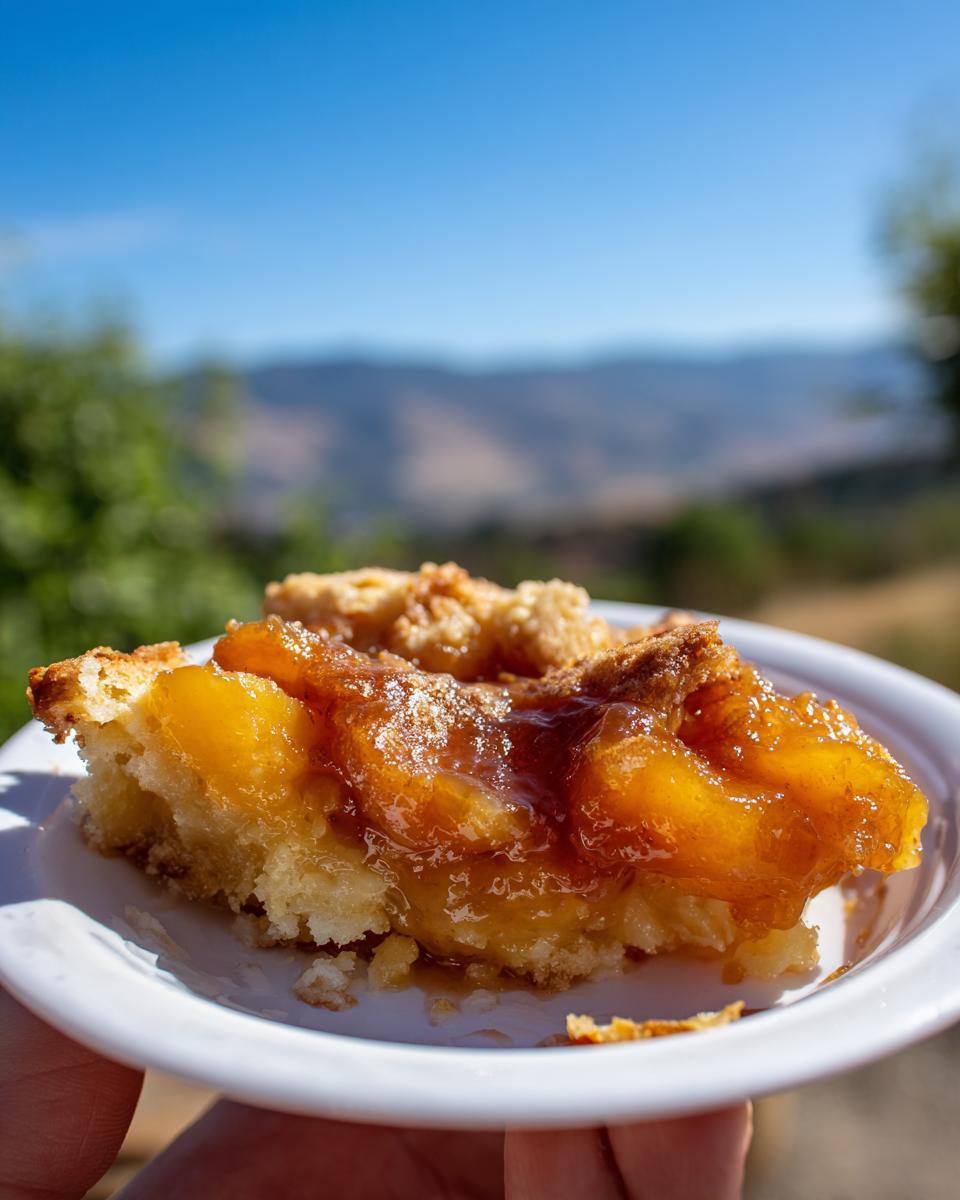 Easy Peach Cobbler with Fresh Peaches: 1 Simple Win 6 A close-up of a slice of Easy Peach Cobbler with Fresh Peaches on a white plate, showing juicy peach filling and a crumbly topping.