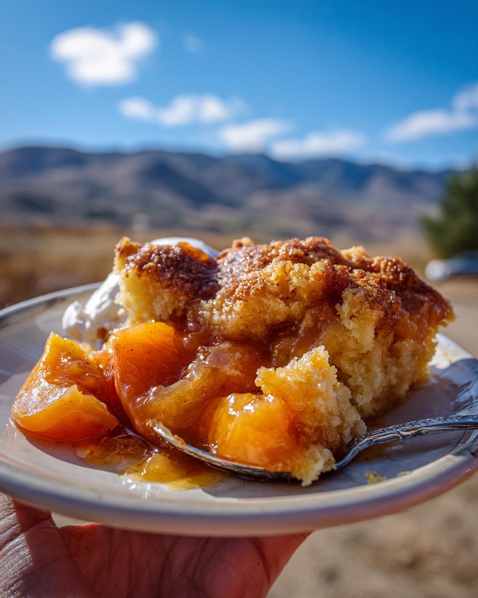 Easy Peach Cobbler with Fresh Peaches: 1 Simple Win 7 A slice of Easy Peach Cobbler with Fresh Peaches, topped with whipped cream, served outdoors.