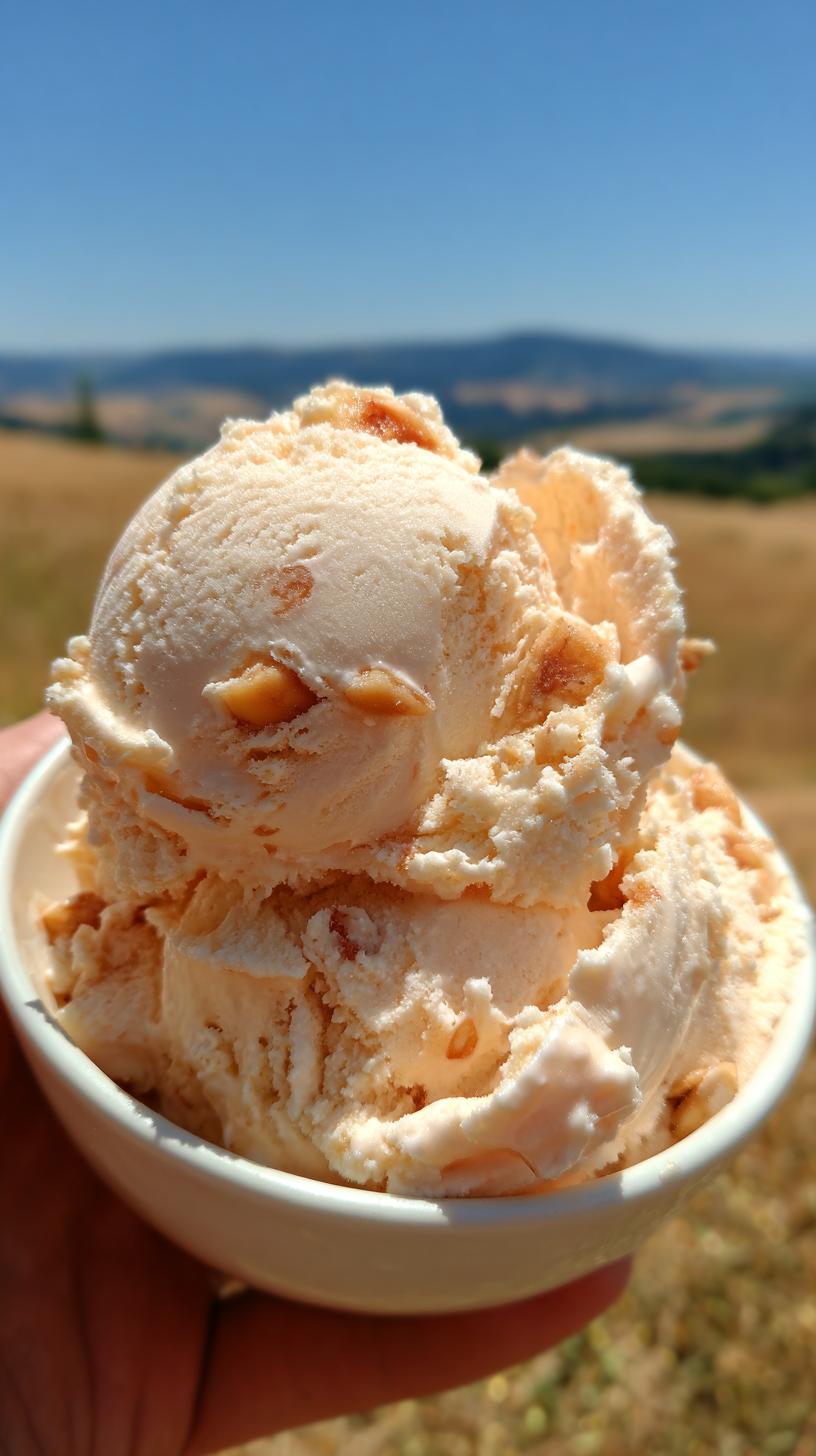 Close-up of creamy Easy Peach Ice Cream No Machine in a white bowl, with chunks of peach visible.
