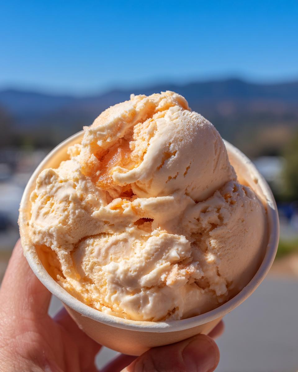 A hand holds a cup filled with creamy Easy Peach Ice Cream No Machine, showing visible swirls of peach pieces.