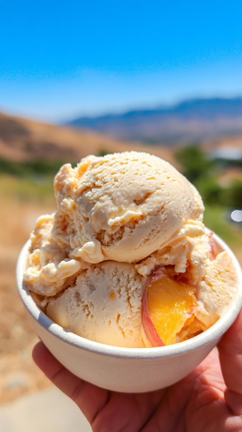 A close-up of two scoops of Easy Peach Ice Cream No Machine in a white bowl, with visible peach slices.