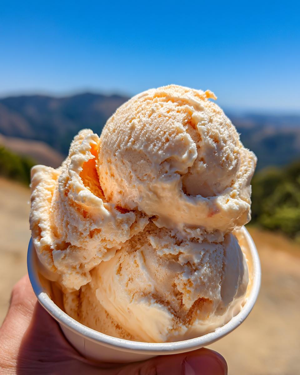 A hand holding a cup filled with scoops of Easy Peach Ice Cream No Machine, with a blurred mountain landscape in the background.