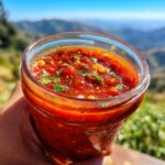 A hand holding a jar of fresh, vibrant Easy Restaurant Style Salsa Recipe, with cilantro and visible chunks of tomato and onion.