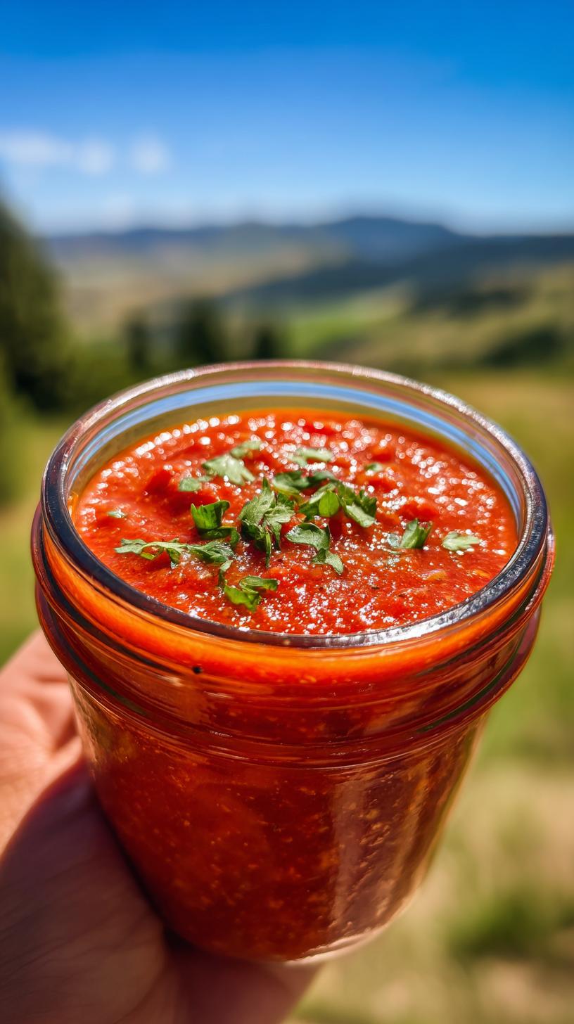 Easy Restaurant Style Salsa Recipe: 1 Magic Trick 7 A hand holding a jar filled with vibrant red Easy Restaurant Style Salsa Recipe, garnished with fresh parsley, with a blurred green landscape and blue sky in the background.
