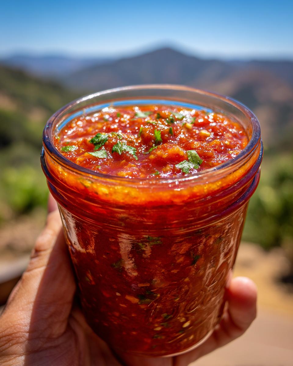 Easy Restaurant Style Salsa Recipe: 1 Magic Trick 8 A hand holds a glass jar filled with vibrant, chunky Easy Restaurant Style Salsa Recipe, garnished with fresh cilantro, with a scenic mountain backdrop.