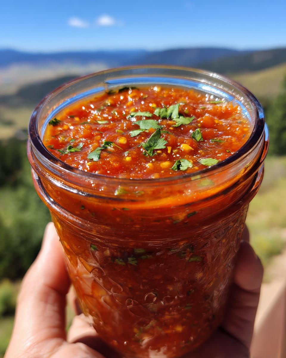 Easy Restaurant Style Salsa Recipe: 1 Magic Trick 9 A hand holds a glass jar filled with vibrant, chunky Easy Restaurant Style Salsa Recipe, garnished with fresh cilantro.