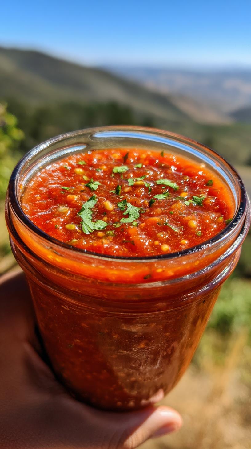 Easy Restaurant Style Salsa Recipe: 1 Magic Trick 6 Close-up of a jar filled with Easy Restaurant Style Salsa Recipe, garnished with fresh cilantro.