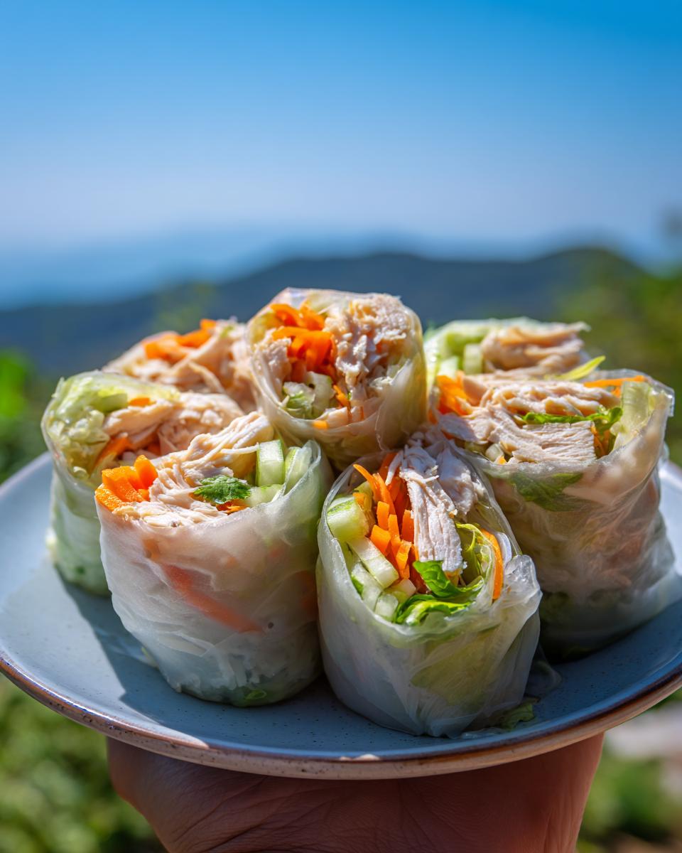 A plate of fresh and light Easy Rice Paper Rolls filled with shredded chicken, carrots, cucumber, and lettuce.