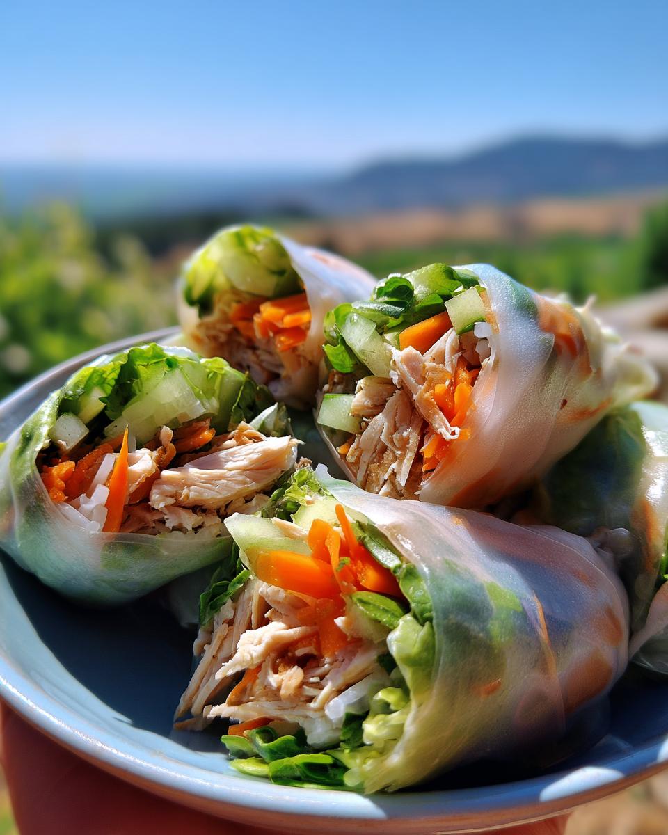 A close-up of several Easy Rice Paper Rolls filled with shredded chicken, carrots, cucumber, and lettuce, served on a blue plate.