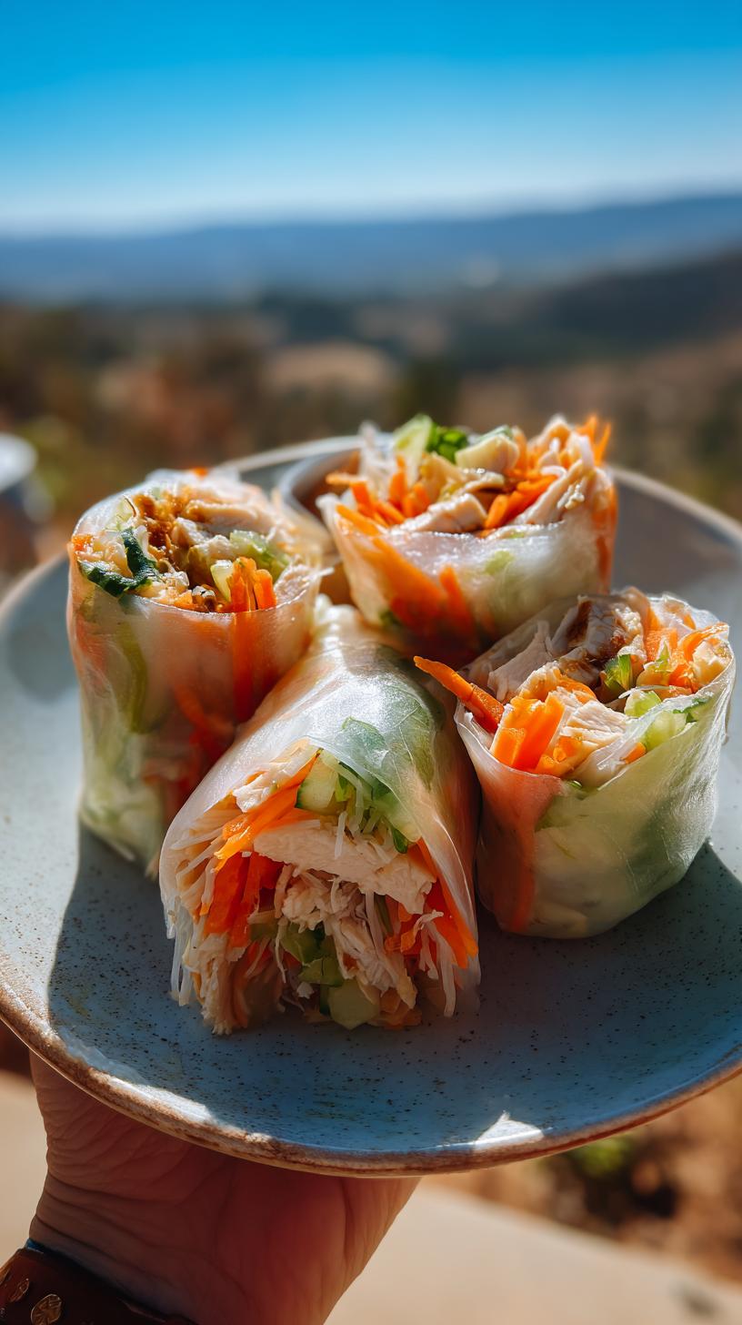 Close-up of four Easy Rice Paper Rolls filled with shredded chicken, carrots, and cucumber, served on a plate.