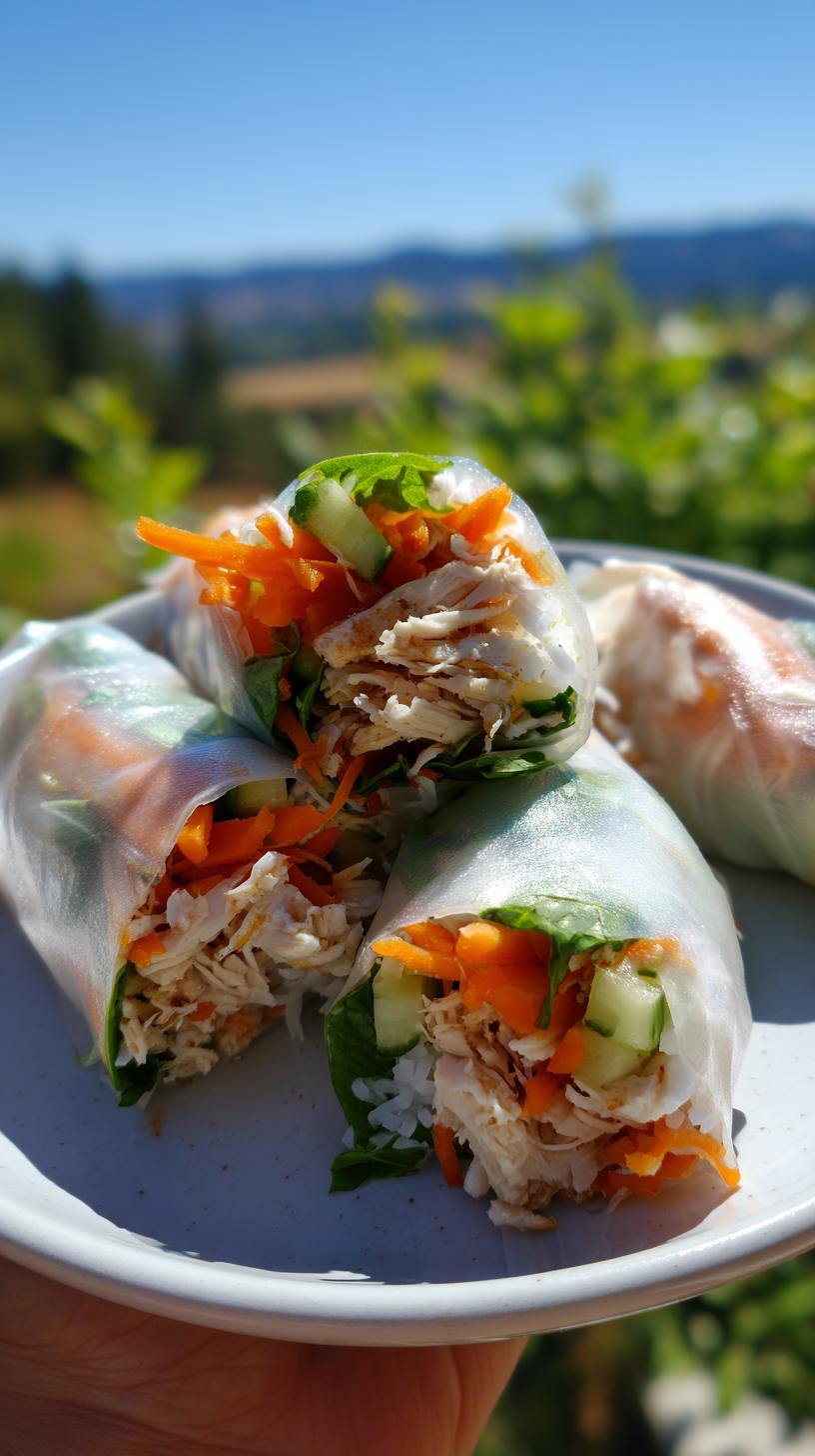 Close-up of fresh and light Easy Rice Paper Rolls filled with shredded chicken, carrots, cucumber, and herbs.
