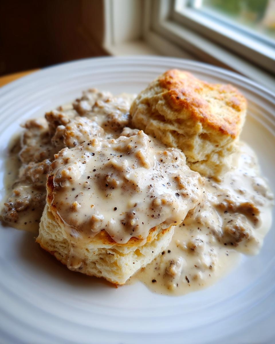 Close-up of fluffy biscuits smothered in creamy, peppery Easy Sausage Gravy.
