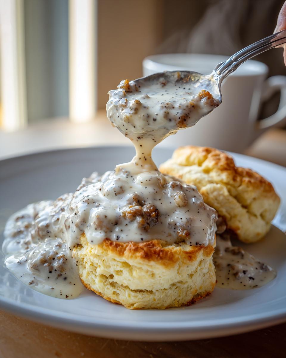A close-up of fluffy biscuits topped with creamy, peppery sausage gravy from an Easy Sausage Gravy Recipe.