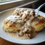 A fork lifting a bite of creamy sausage gravy from fluffy biscuits, showcasing the Easy Sausage Gravy Recipe.