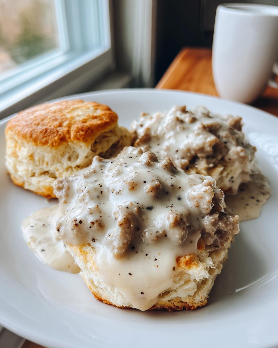 Close-up of fluffy biscuits topped with creamy, peppery sausage gravy, part of an easy sausage gravy recipe.