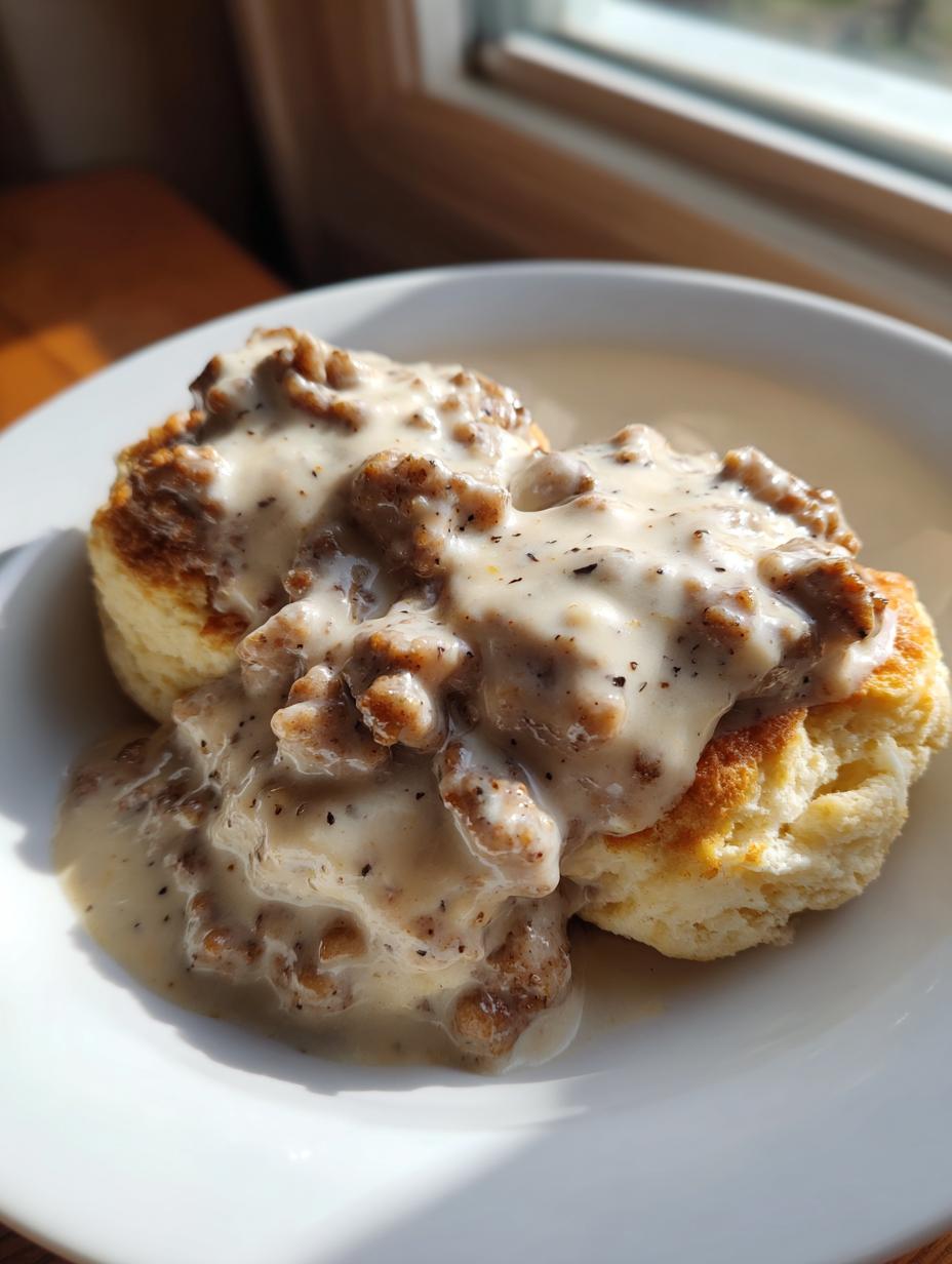 Close-up of an Easy Sausage Gravy Recipe generously poured over two fluffy biscuits on a white plate.