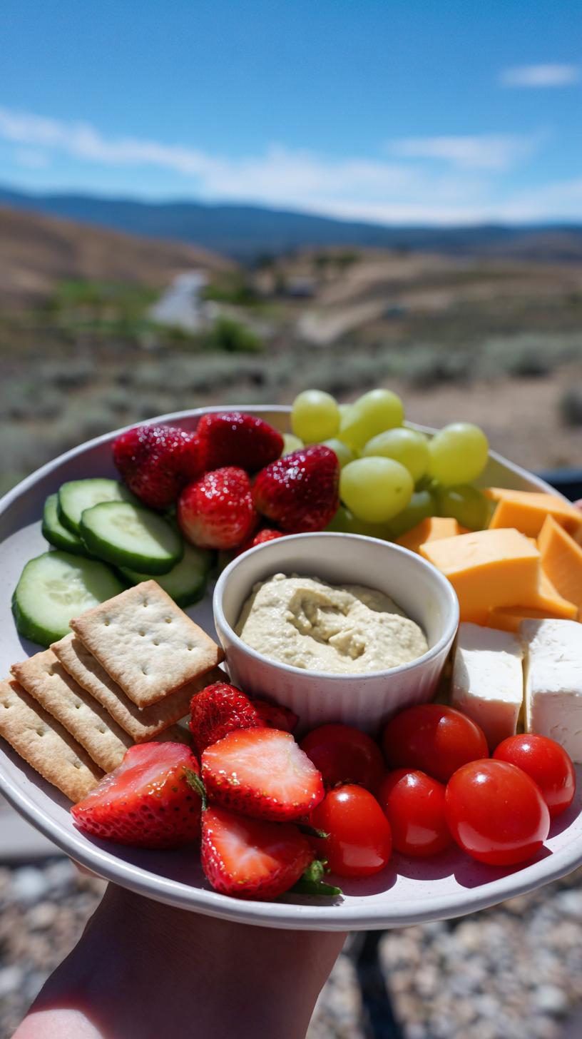 A refreshing summer snack plate with strawberries, grapes, cheese, crackers, hummus, cucumber, and tomatoes.