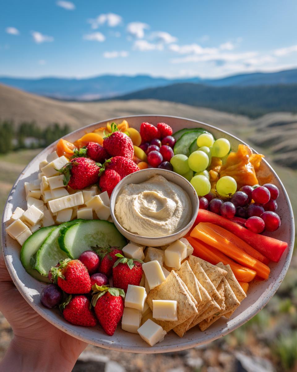 A vibrant summer snack plate featuring fresh strawberries, grapes, cucumber slices, carrots, cheese cubes, crackers, and hummus, set against a scenic mountain backdrop.