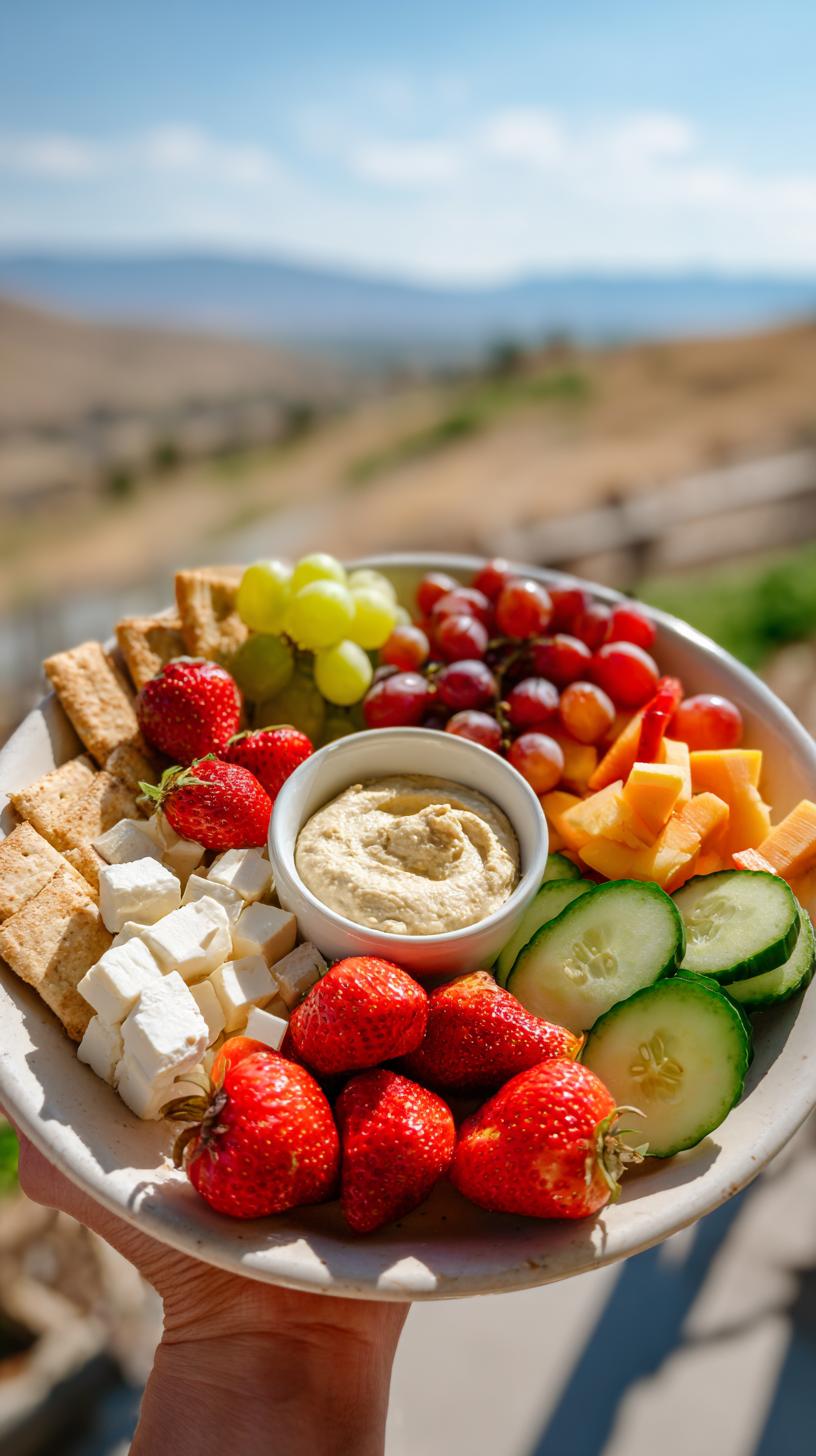 A vibrant summer snack plate featuring hummus, strawberries, grapes, cucumber slices, cheese cubes, and crackers.