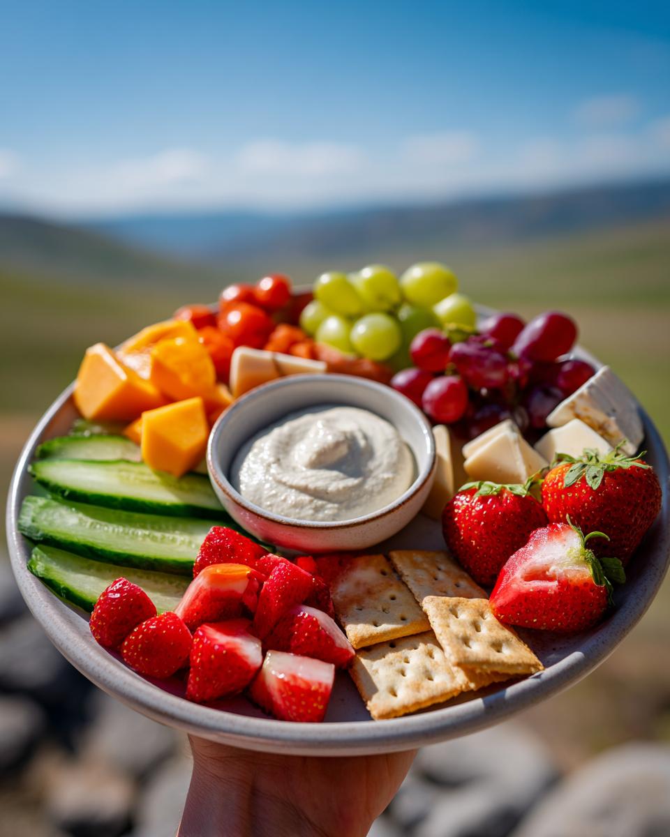 A hand holds a plate with easy snack plate ideas for summer, featuring strawberries, grapes, cheese, cucumbers, crackers, and dip.